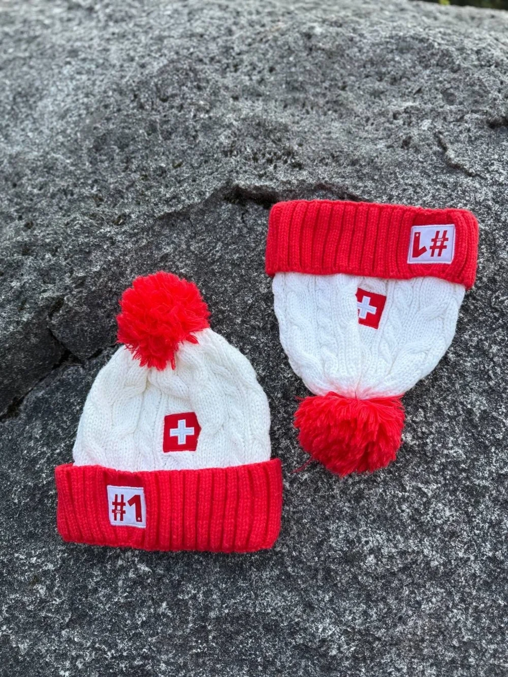 Red & White Pom Pom Beanie Hat with Swiss Cross Patch